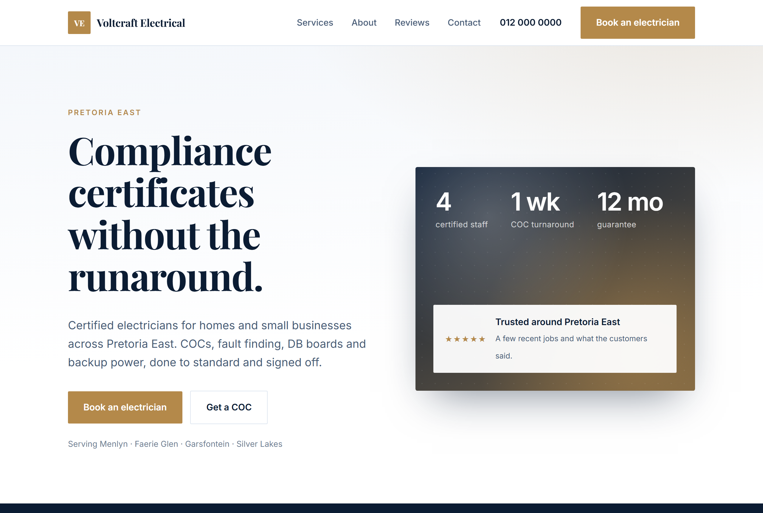 Example website for an electrical contractor, showing certifications and services
