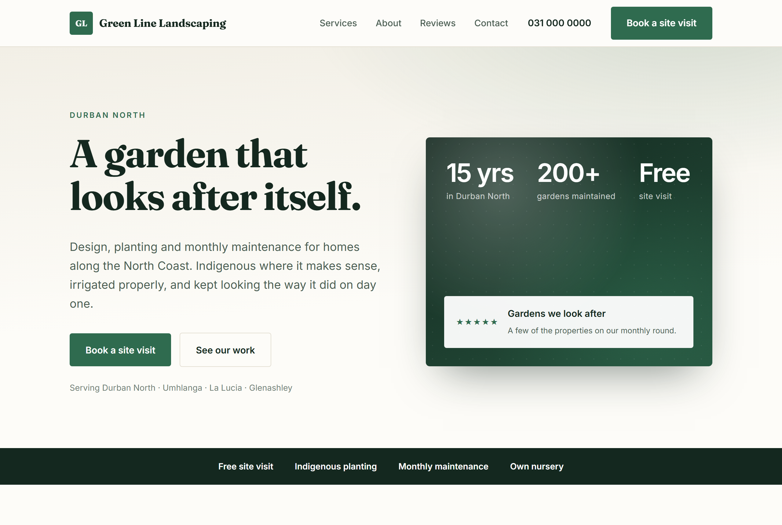 Example website for a landscaping business, showing garden services