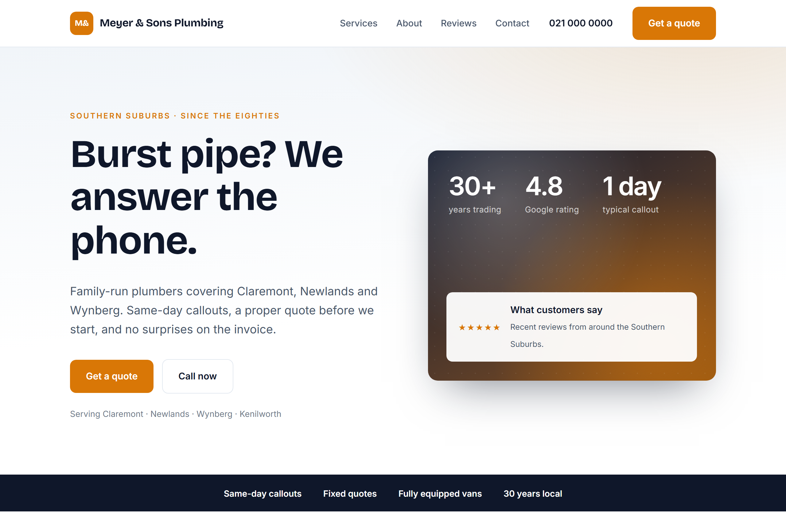 Example homepage designed for a plumbing business
